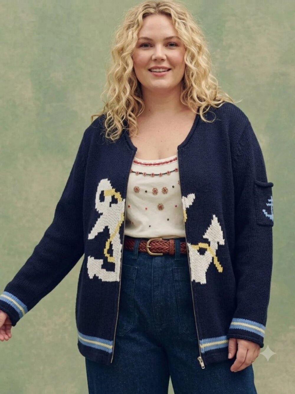 Crazy Horse Liz Claiborne Nautical Anchor Full Front Zip Knit Sweater 2X Coastal